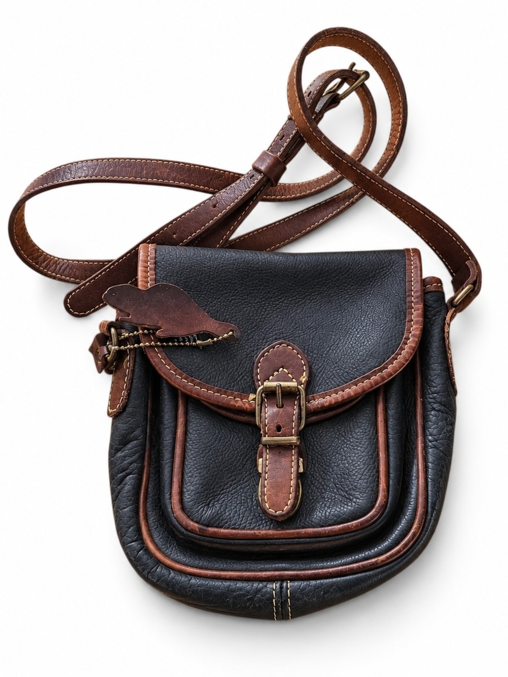 Roots Black Brown Crossbody Bag Adjustable Strap Beaver Charm Buckle Flap Purse